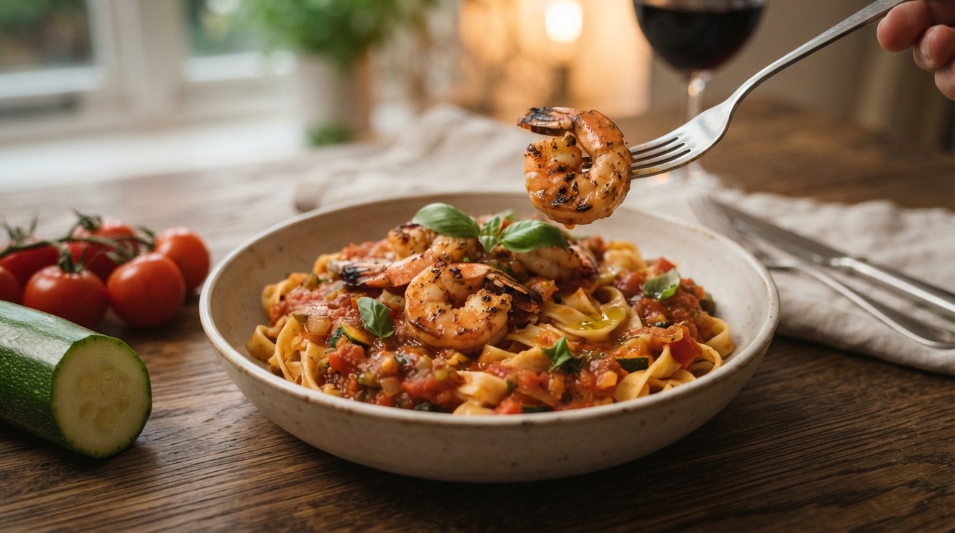 Pasta met garnalen in zelfgemaakte tomaten- en groentensaus
