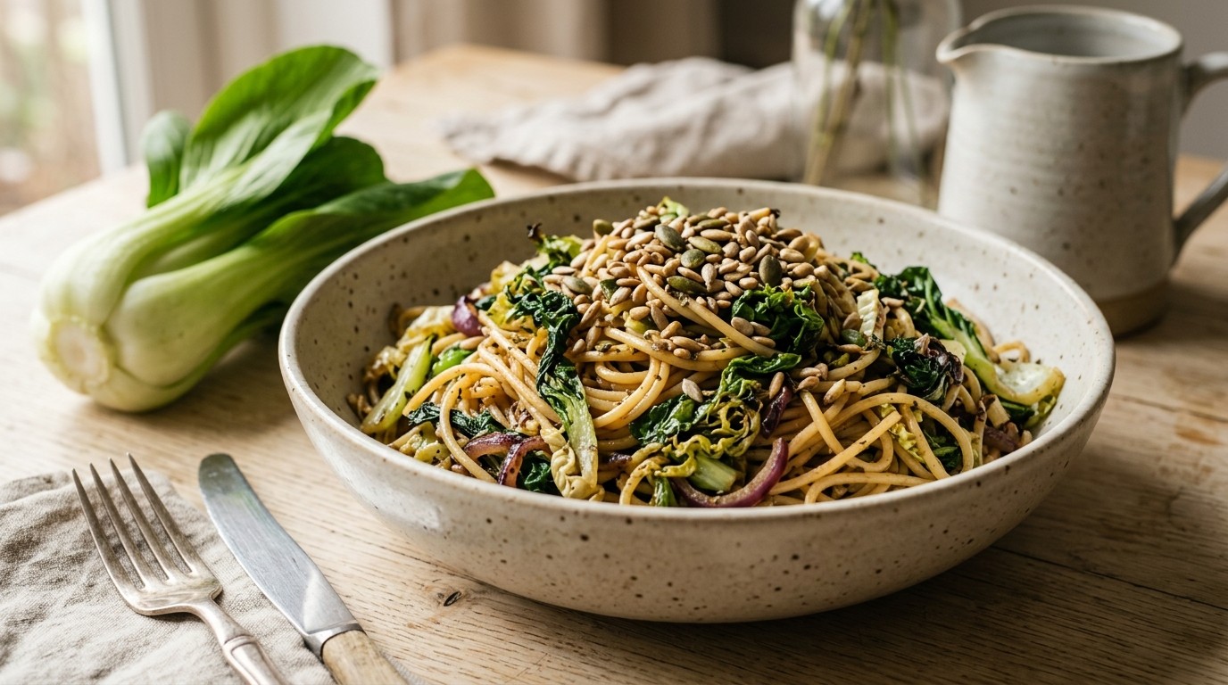 Pasta met geroerbakte bladgroente