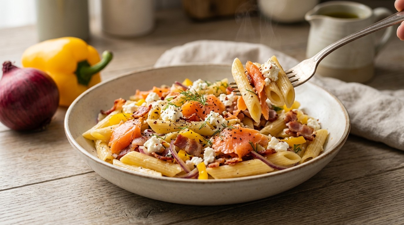 Pasta met Gerookte Zalm, Feta en Spekjes