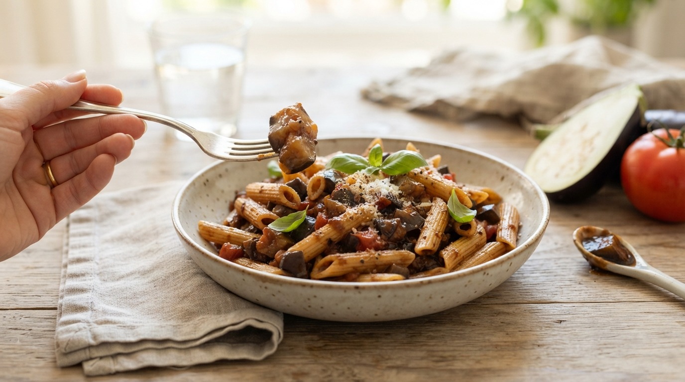 Pasta met gestoofde aubergine en tomaat