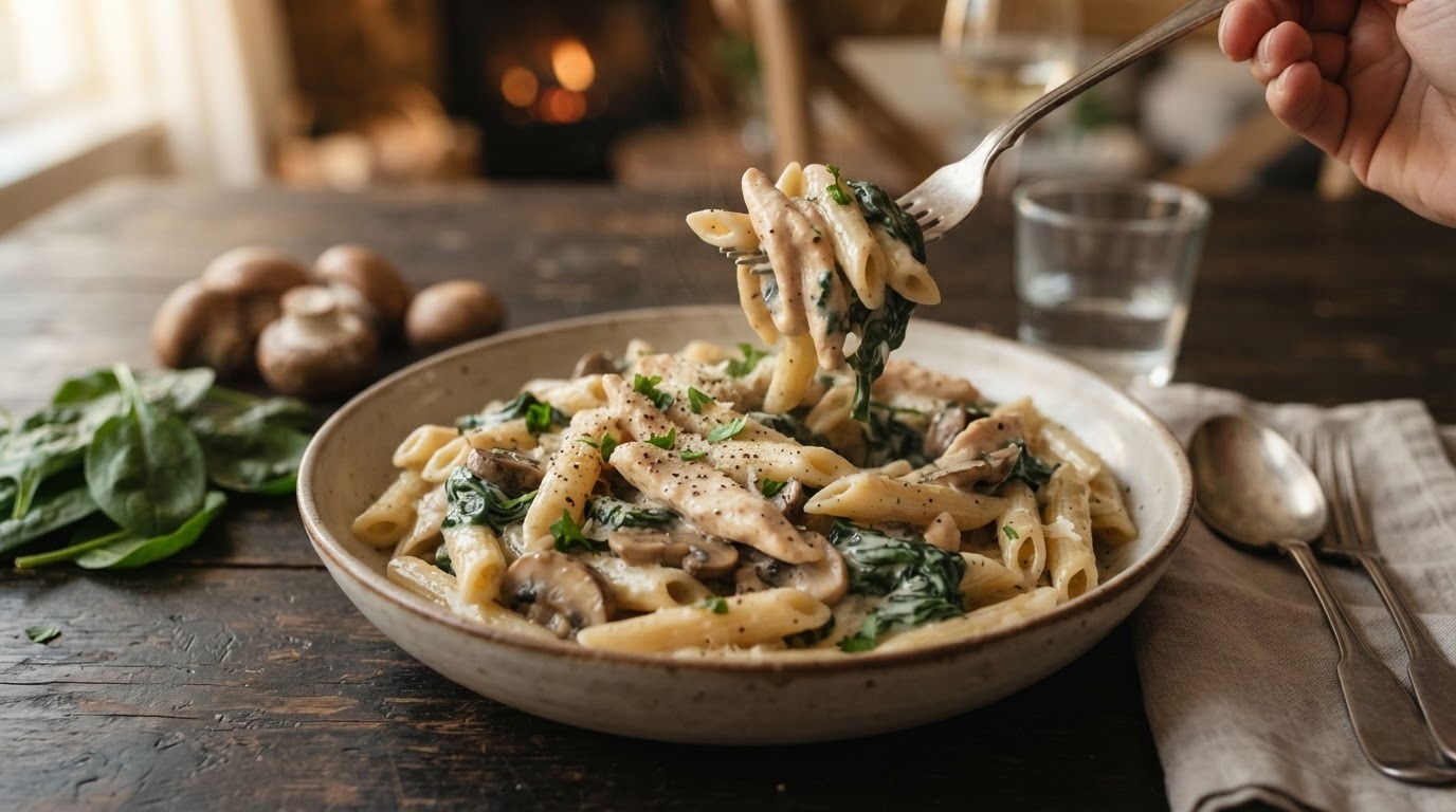 Pasta met kip en spinazie