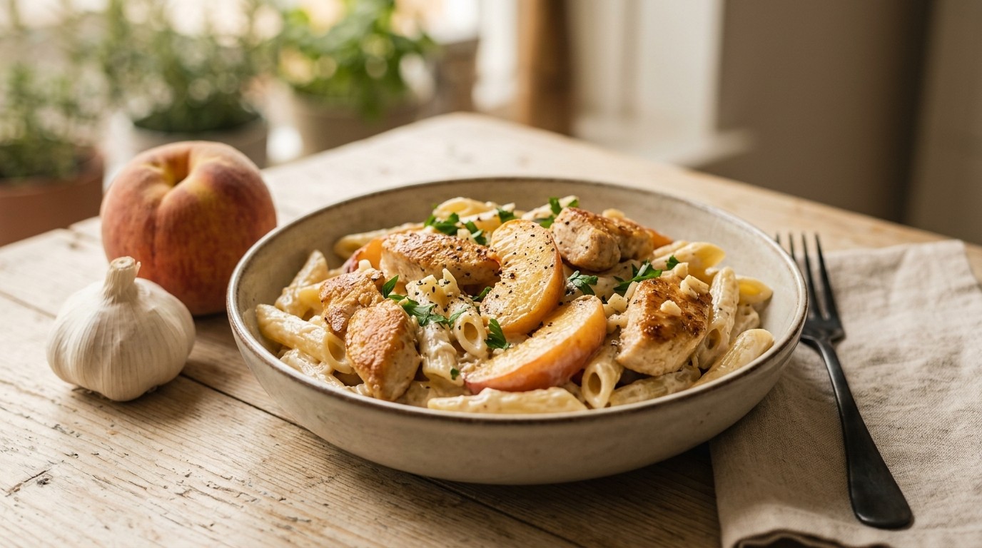Pasta met kip, Roomkaas en Perzik