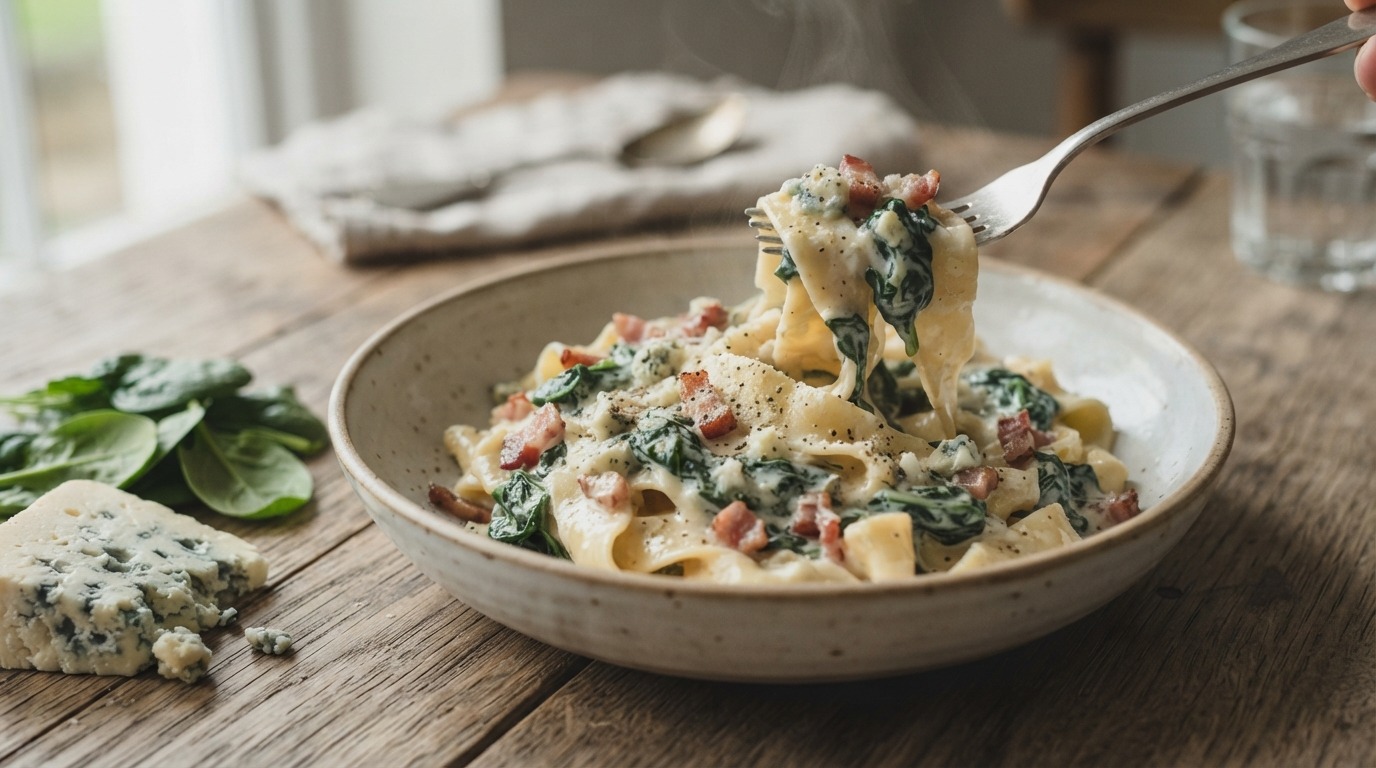 Pasta met spekjes en spinazie