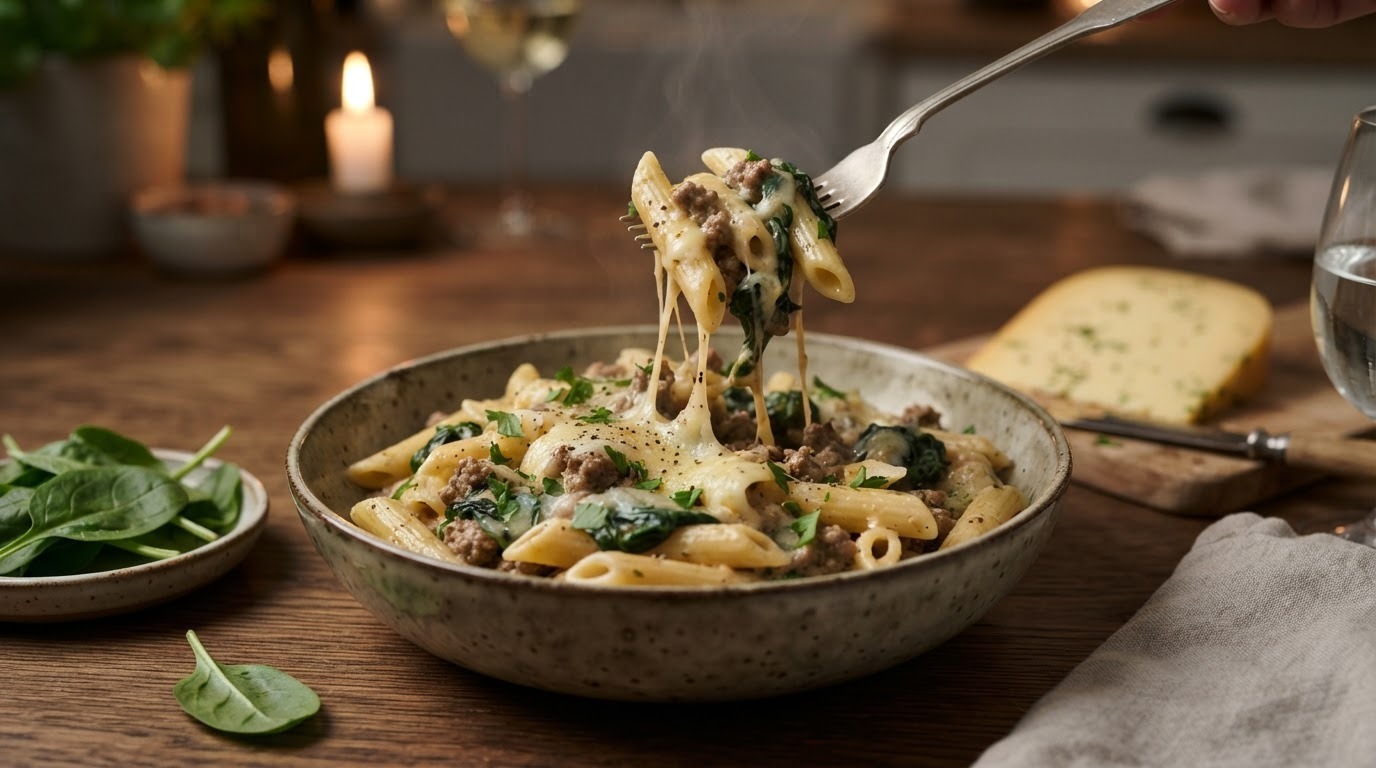 Pasta met spinazie en Boursin