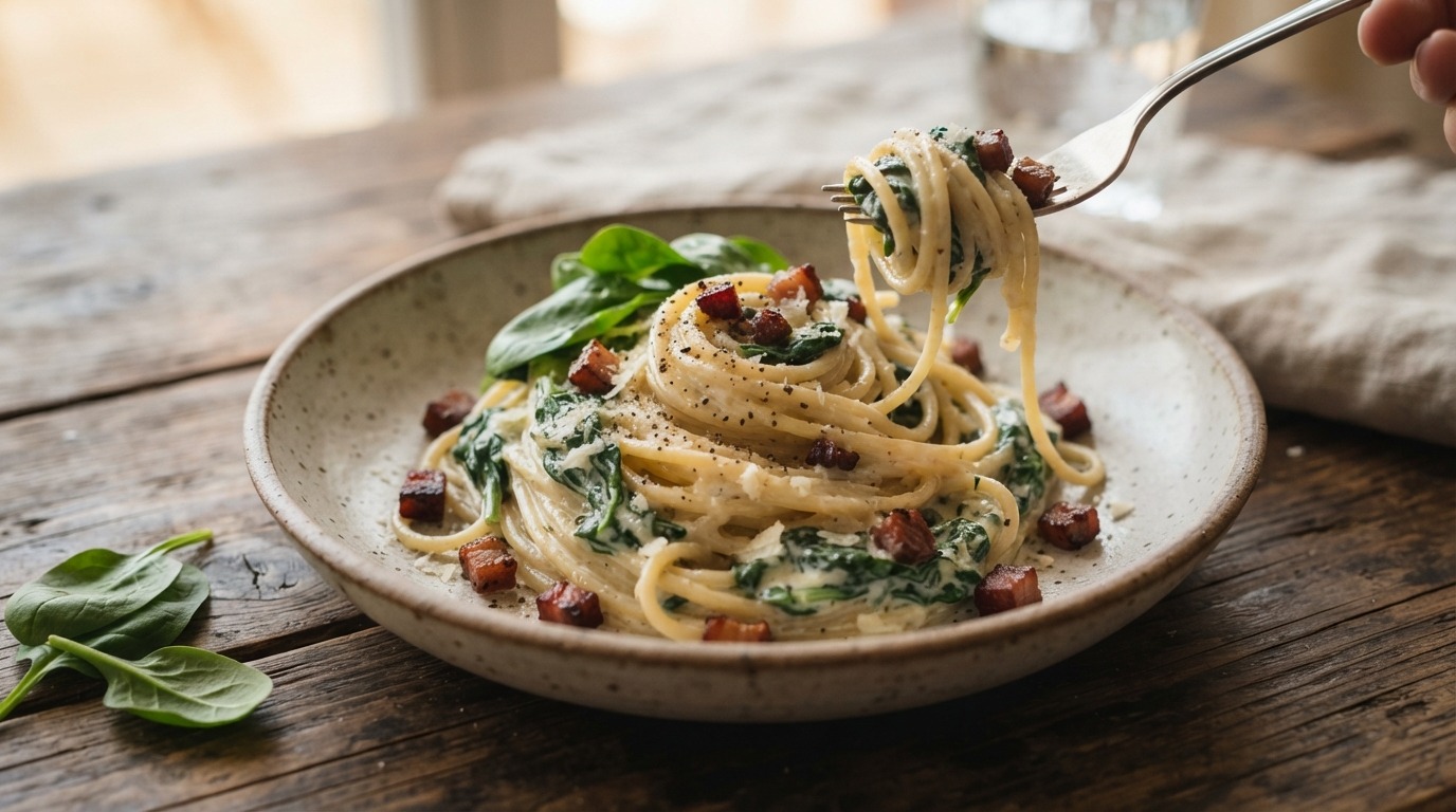 Pasta met spinazie en spekjes