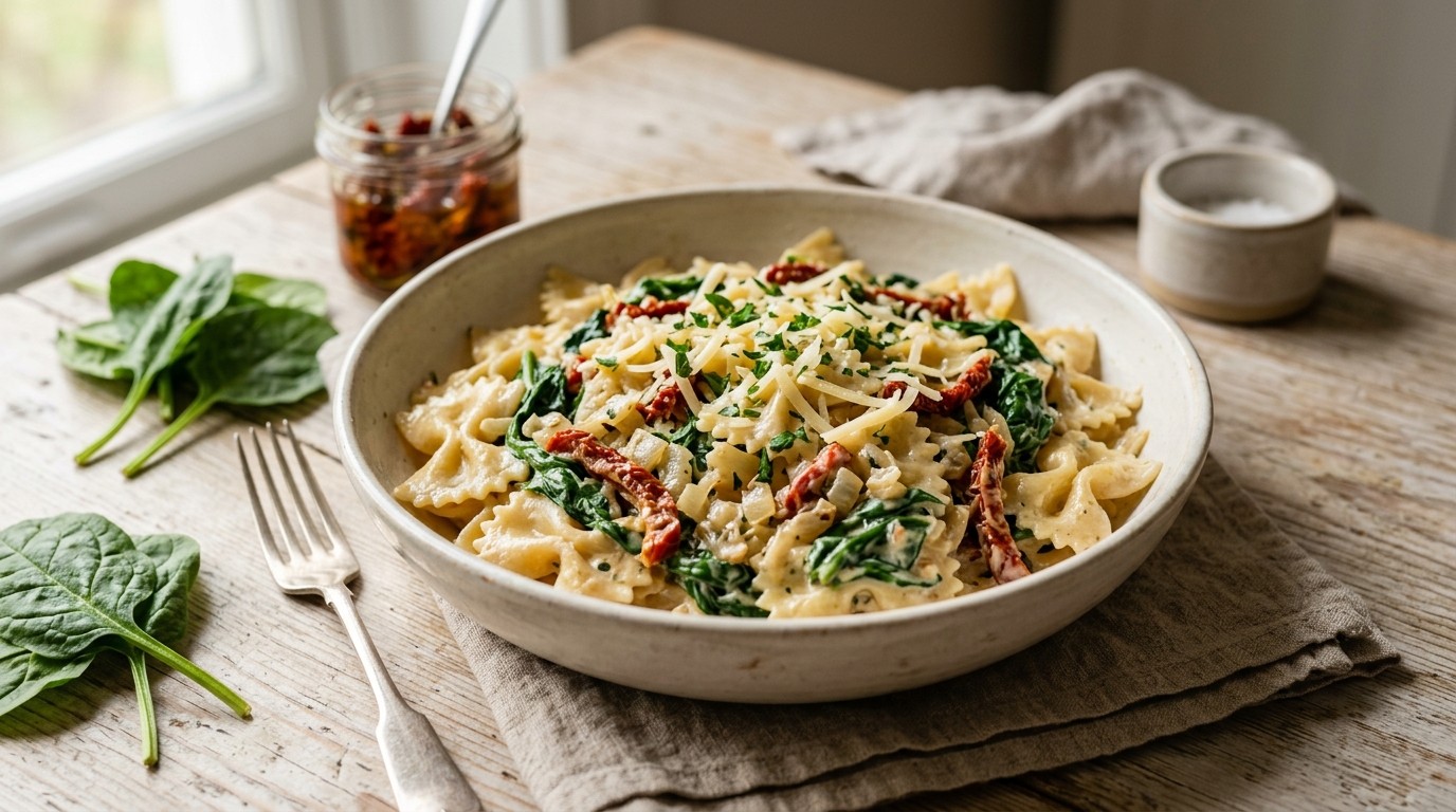 Pasta met tomaatjes en spinazie-kaassaus