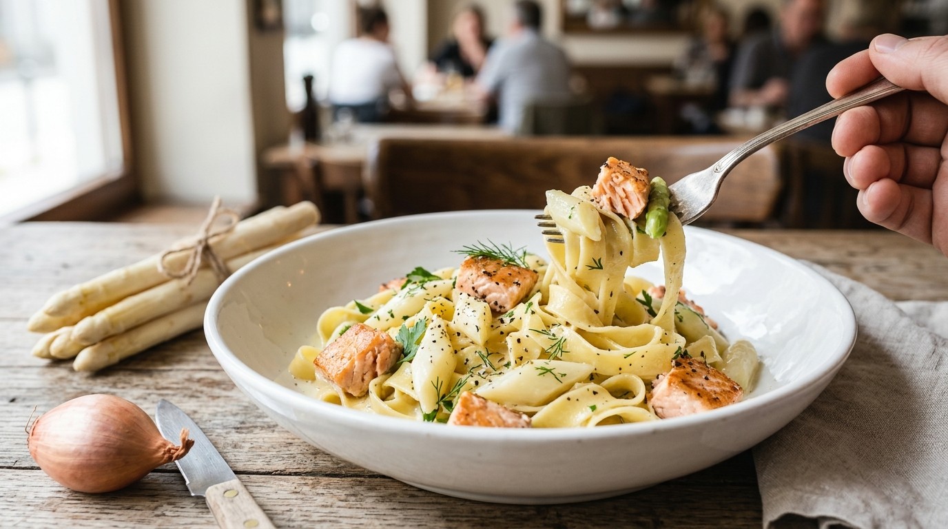 Pasta met zalm en asperges