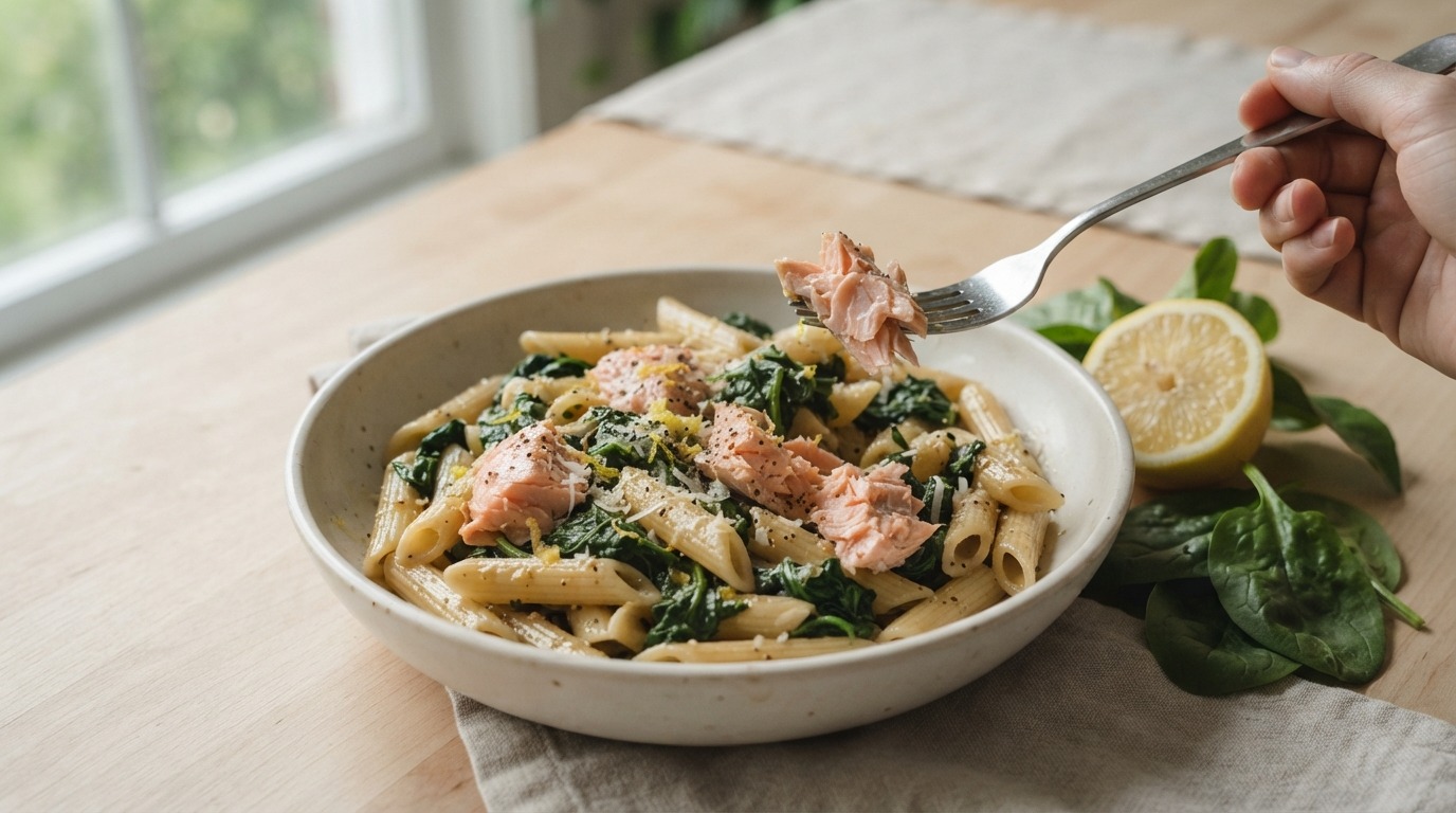 Pasta met zalm, spinazie en citroen