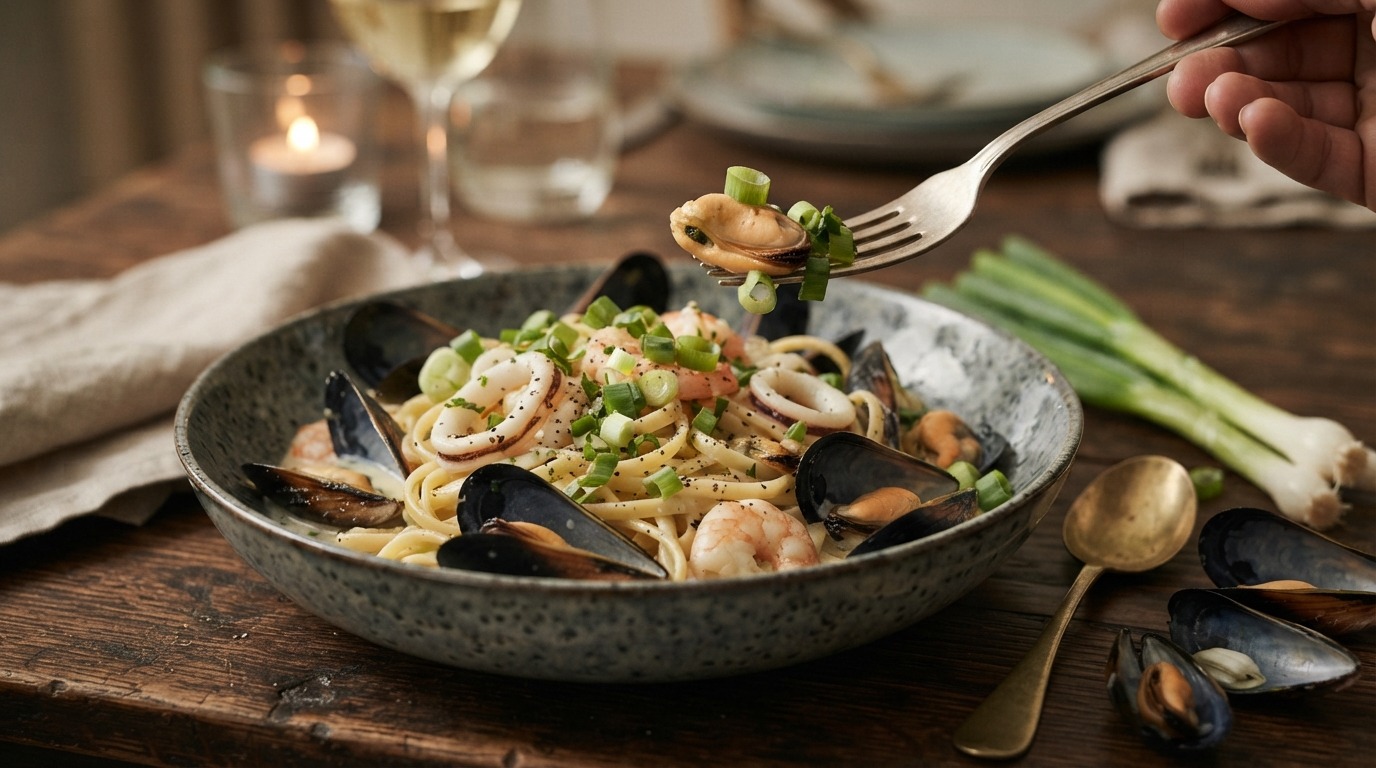Pasta met zeevruchten en bosui