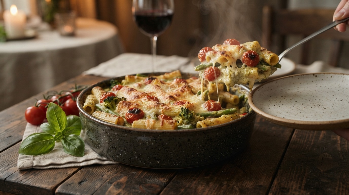 Pasta ovenschotel met kerstomaatjes, pesto en mascarpone