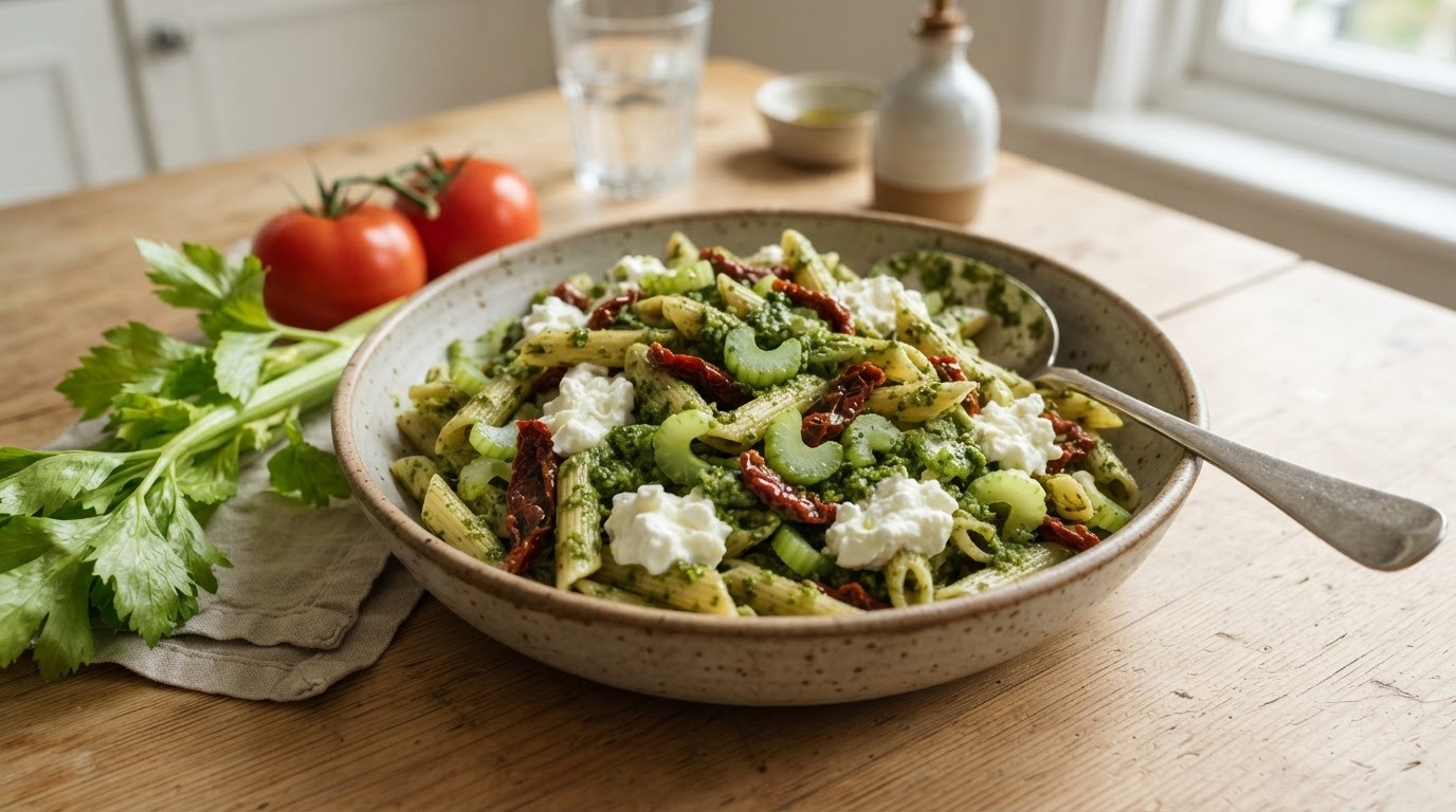 Pastasalade met bleekselderij, pesto en gedroogde tomaat