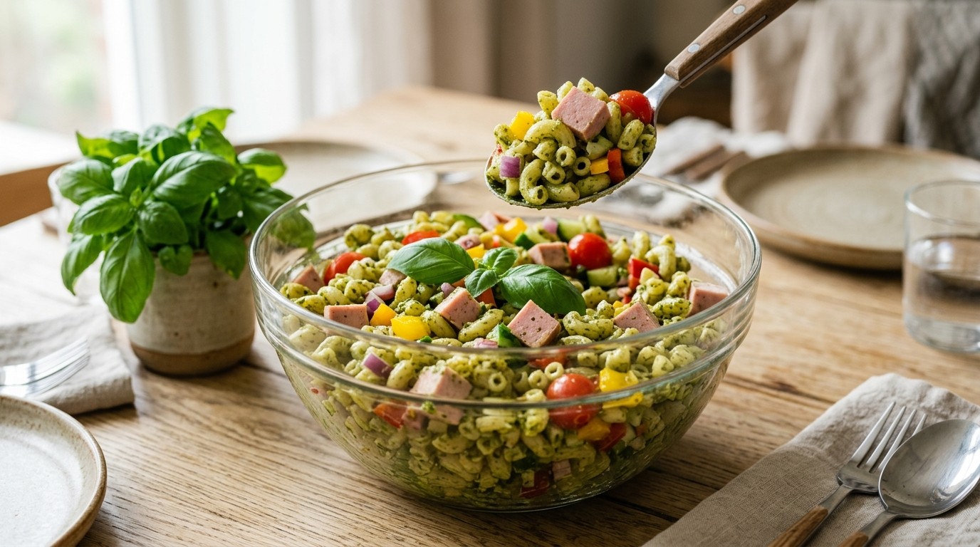 Pastasalade met boterhamworst en groene pesto