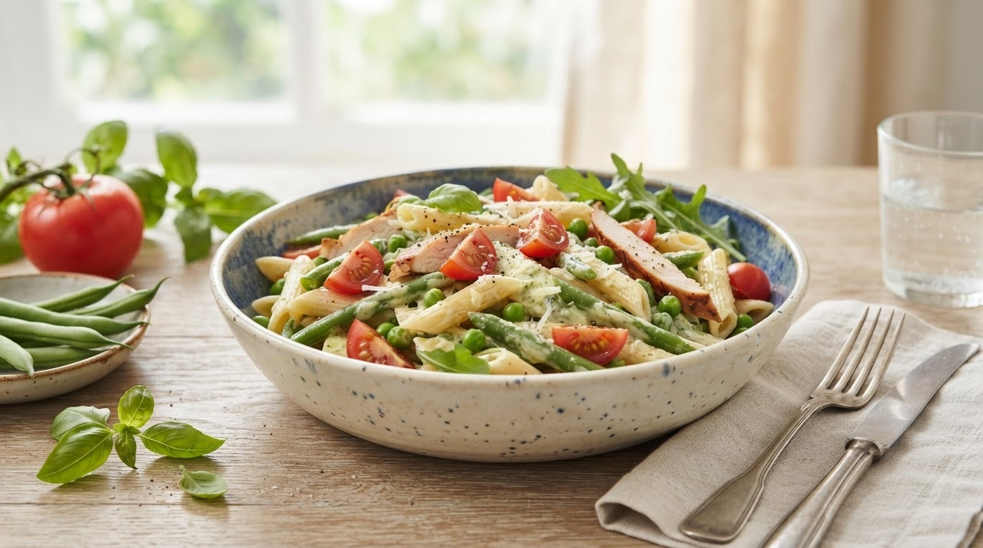 Pastasalade met gerookte kip en snijbonen