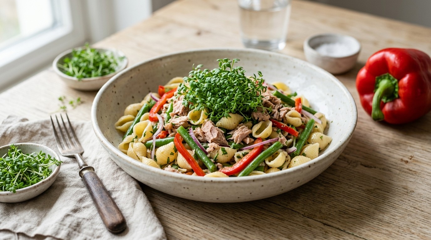 Pastasalade met tonijn en tuinkers