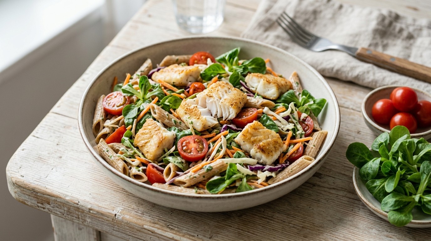 Pastasalade met vis en Rauwkost