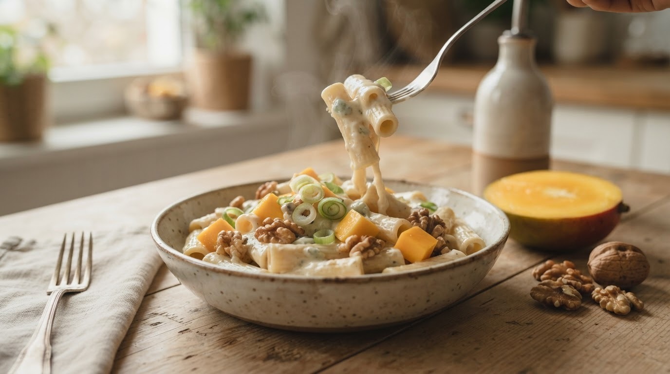 Pastasaus met Gorgonzola, mango en walnoten
