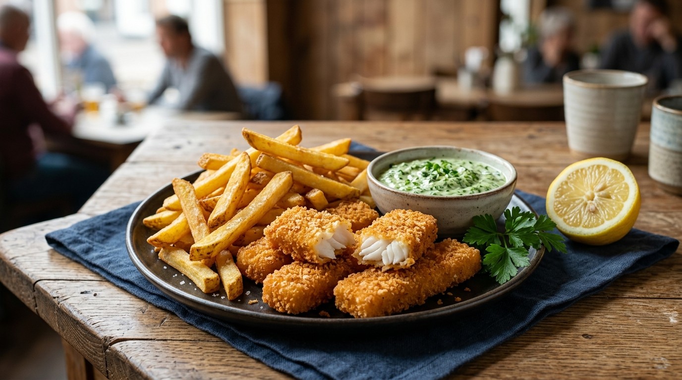 Patat met kabeljauwstick en kruidensaus