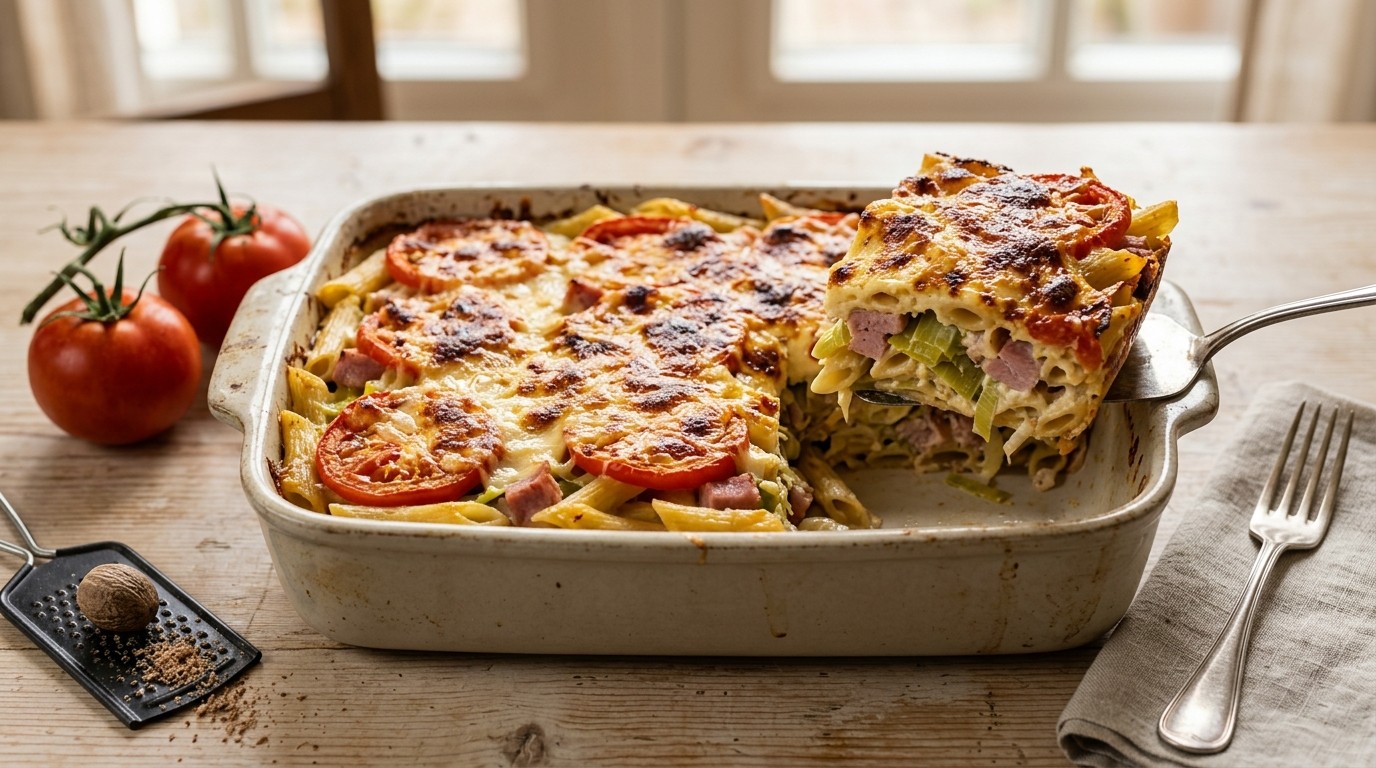 Penne-lasagne met prei en ham