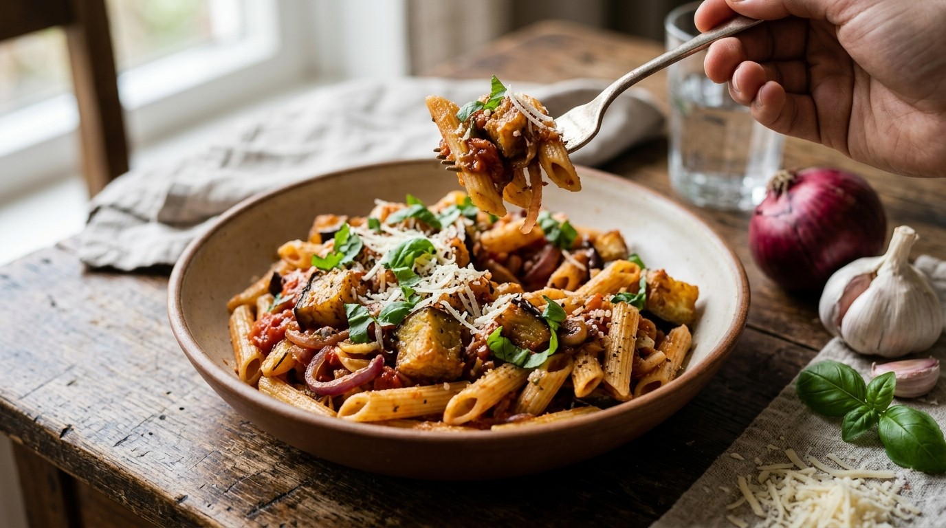 Penne met aubergine