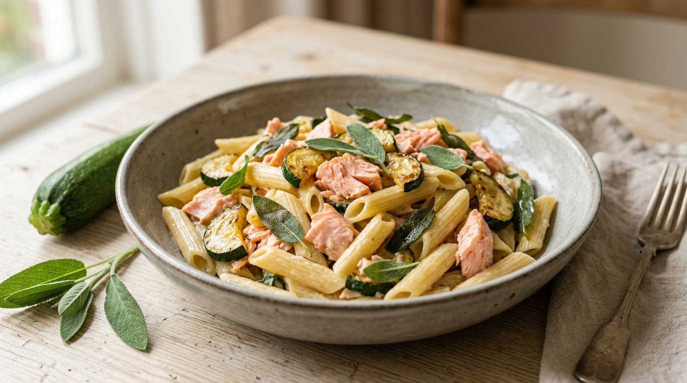 Penne met Courgette, Zalm en Salie