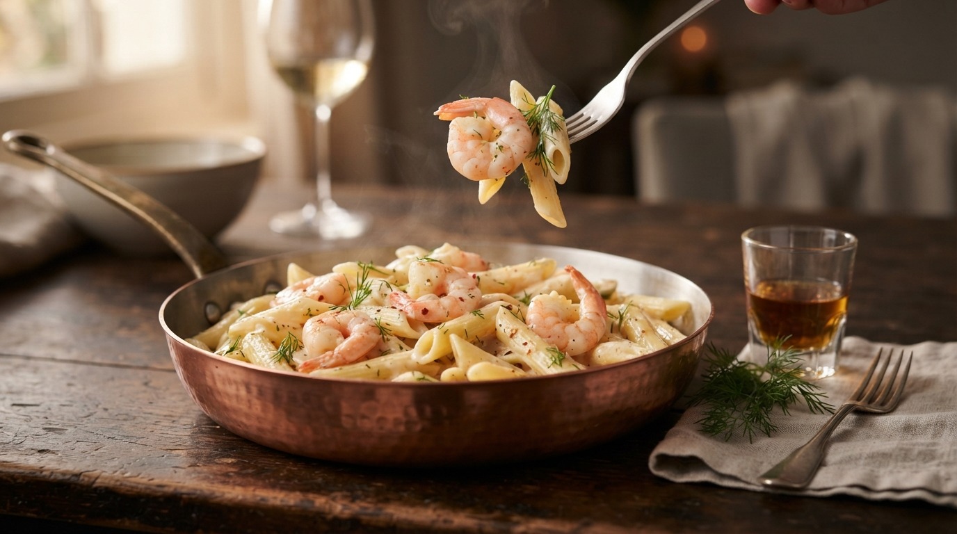 Penne met garnalen en pernod