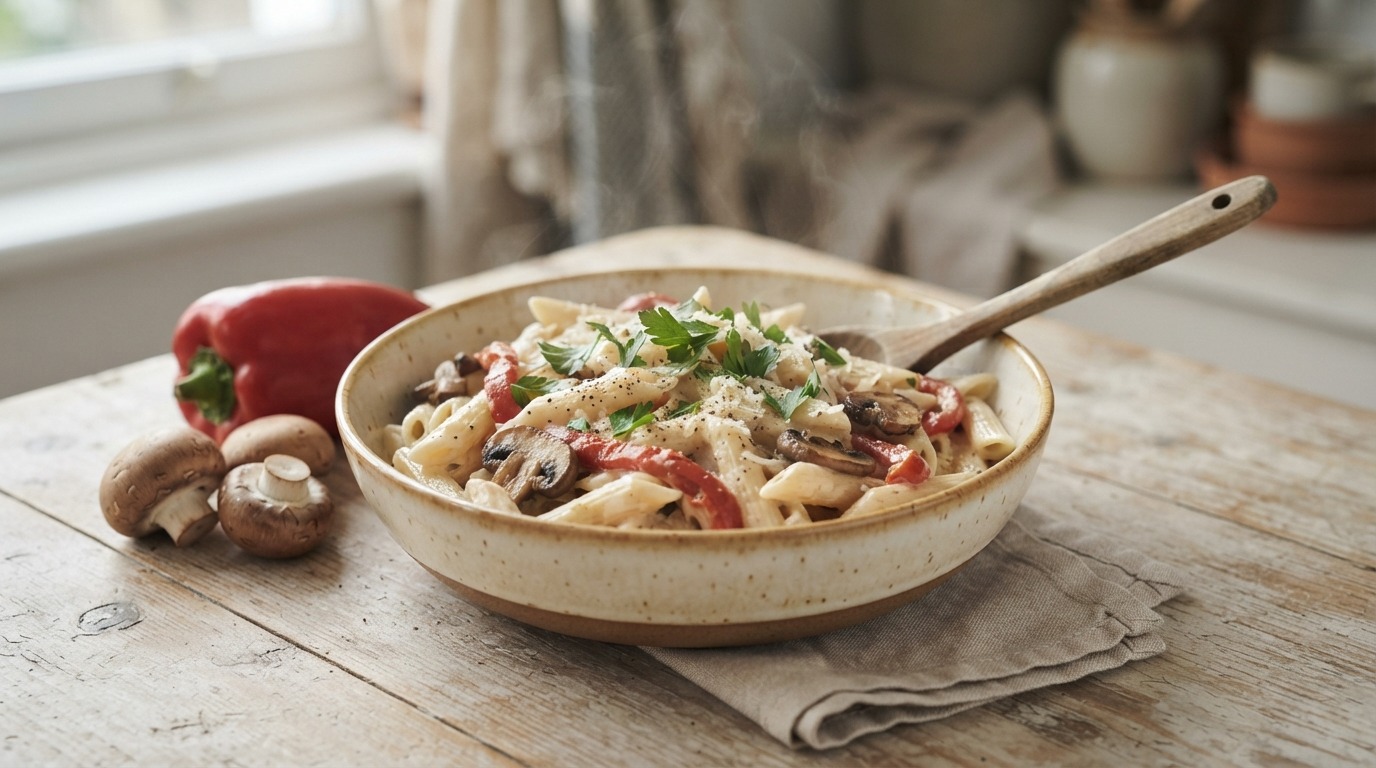Penne met met rode paprika en champignons