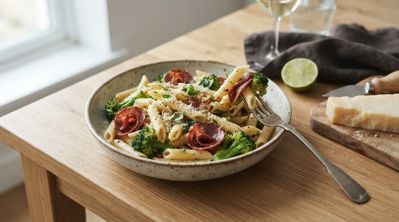 Penne met salami en broccoli