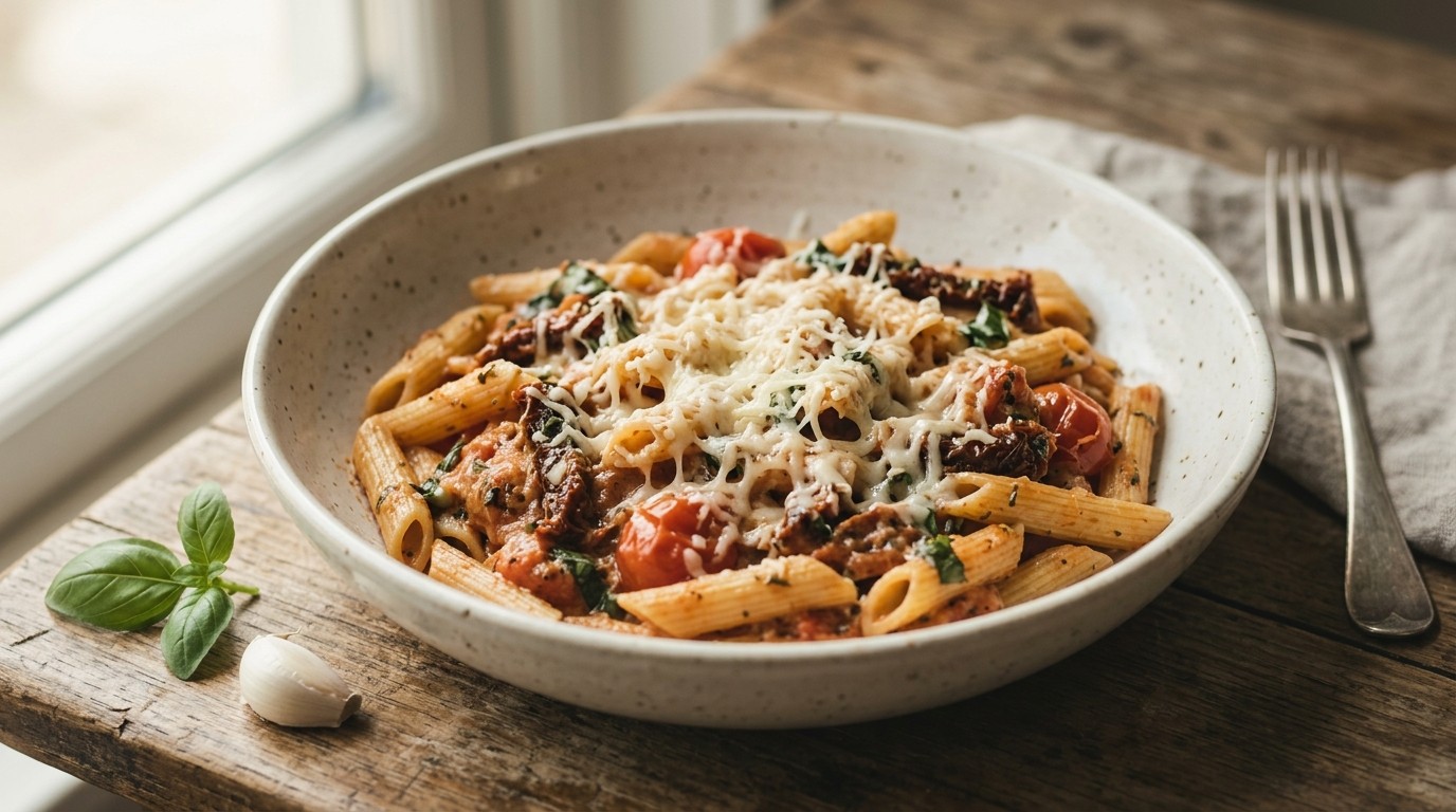 Penne met tomaten en belegen kaas