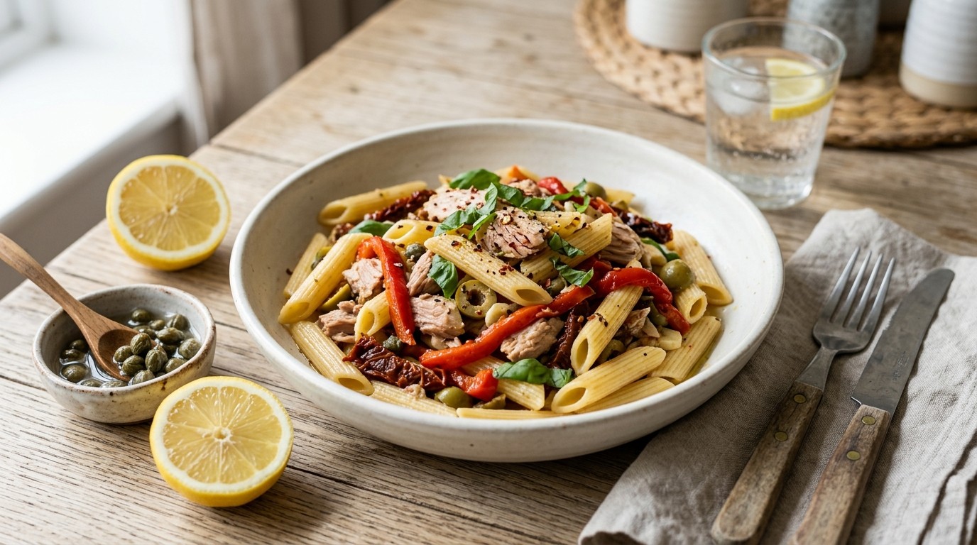 Penne met tonijn, geroosterde paprika en gedroogde tomaatjes
