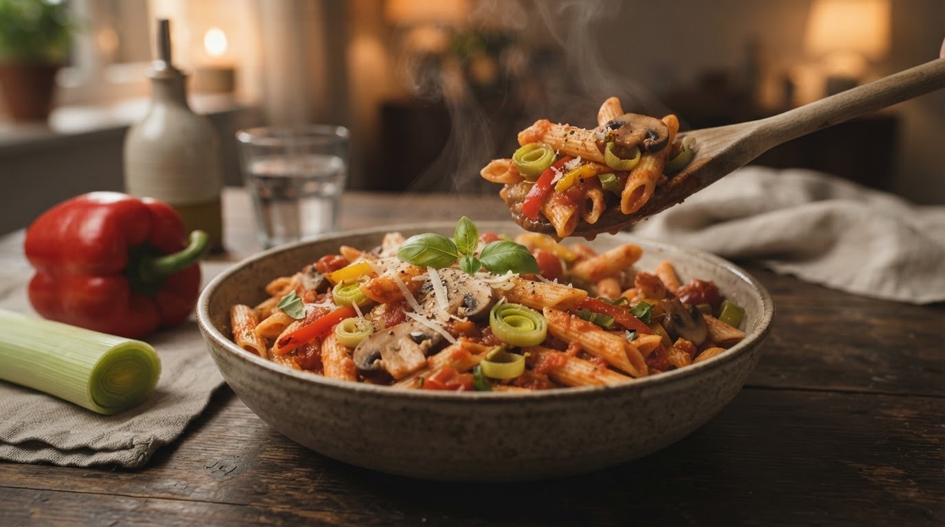 Penne met verse groenten en pastasaus