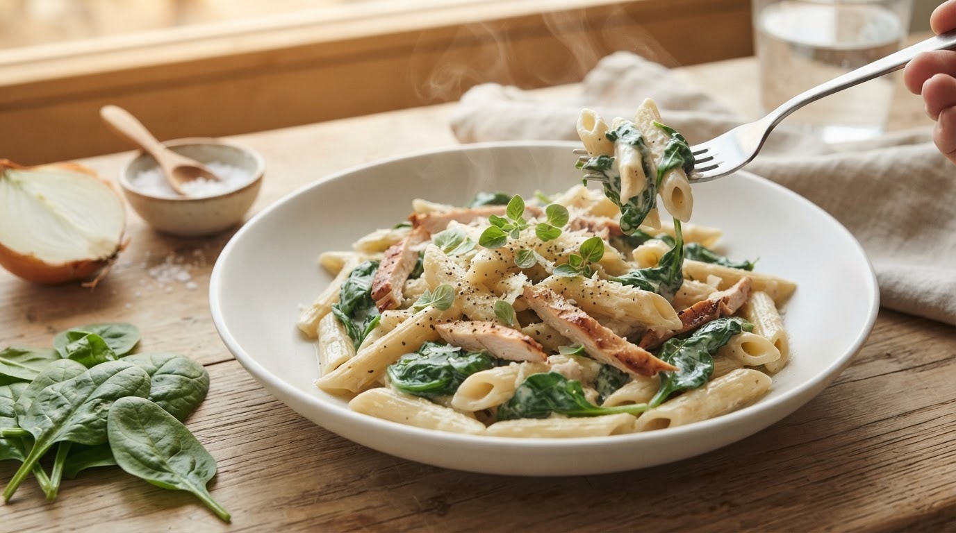 Penne met verse spinazie, zuivelspread en gerookte kipfilet