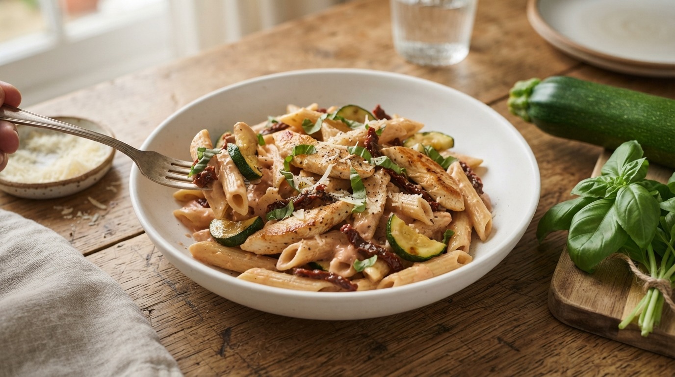 Penne pasta met kip, courgette en zongedroogde tomaatjes