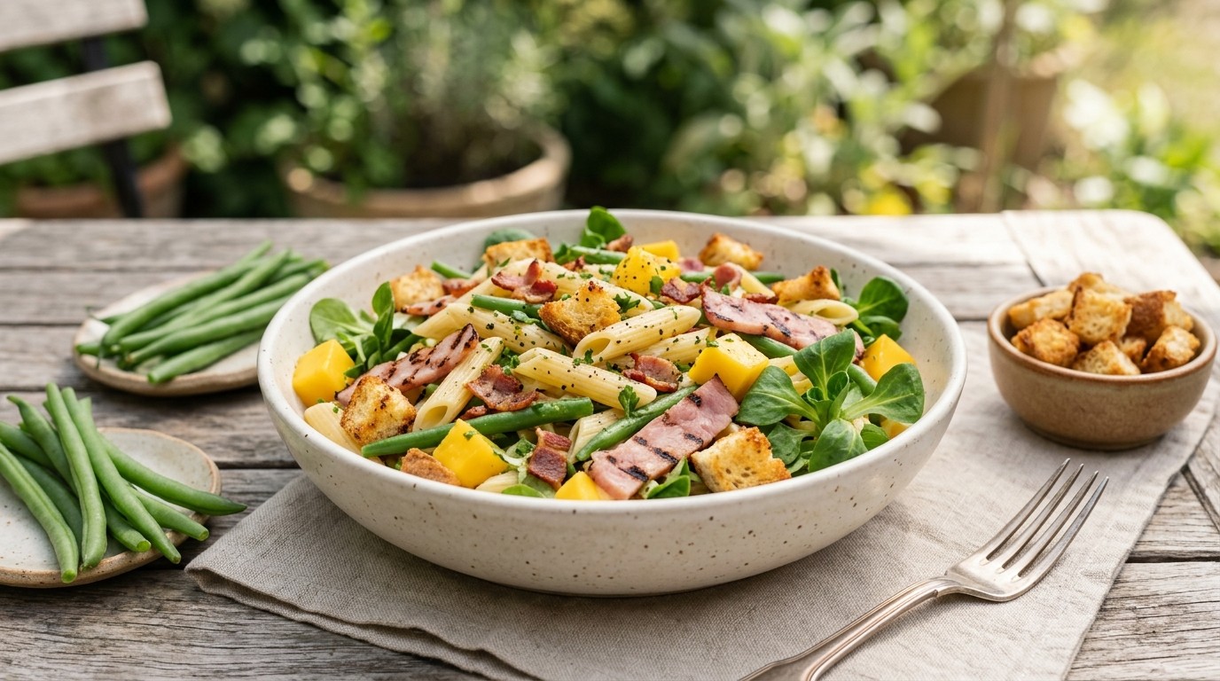 Pennesalade met Ontbijtspek, Mango en Gegrilde Achterham