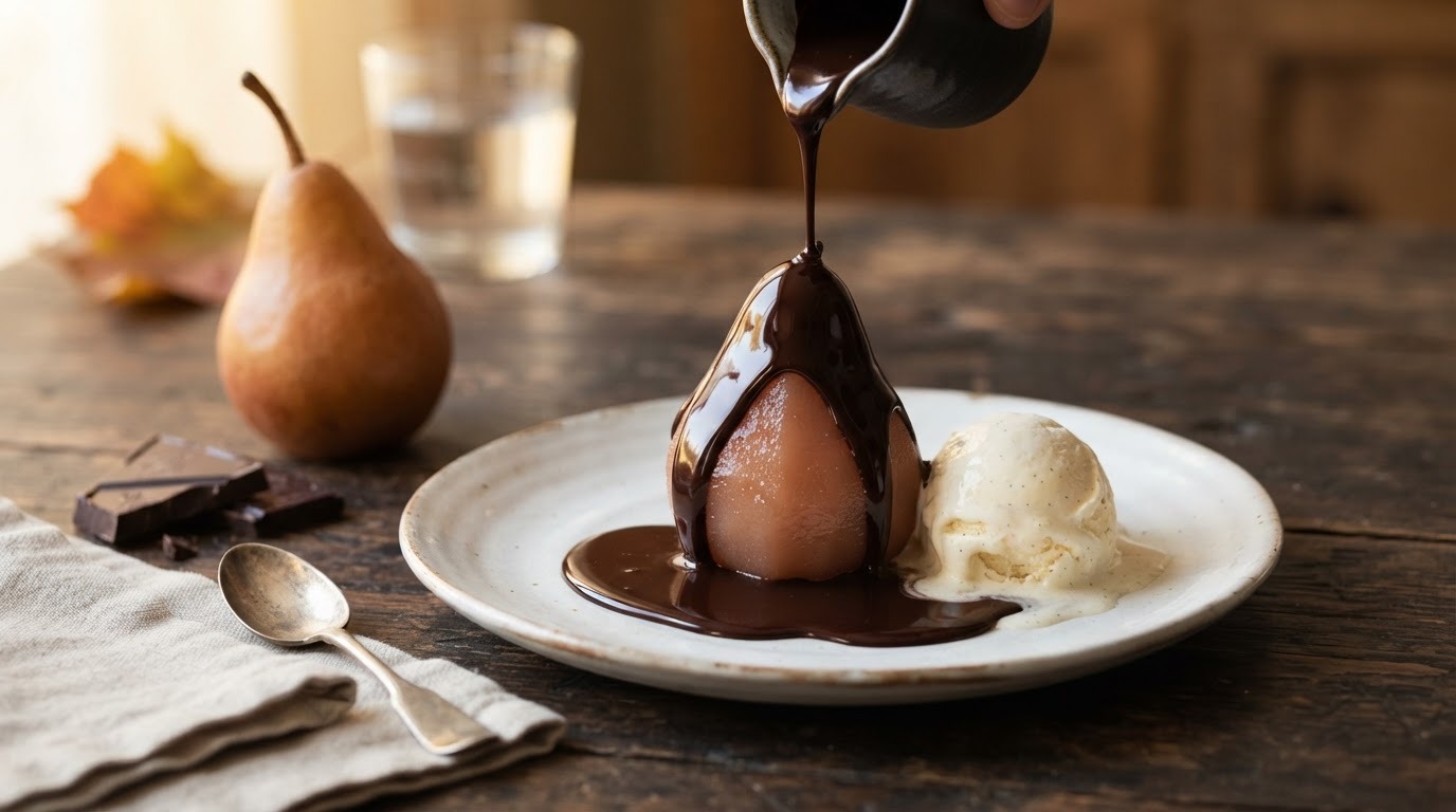 Peren met chocoladesaus