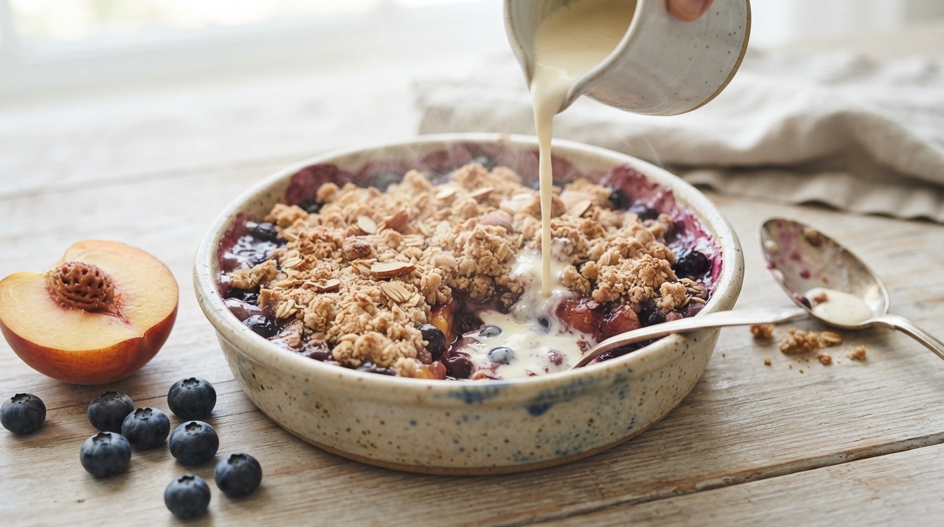 Perzik- bosbessenkruimeldessert