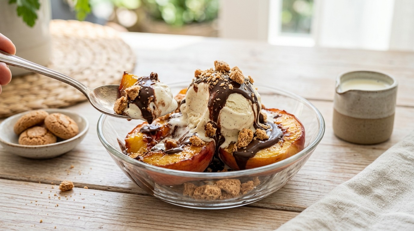 Perziken met ijs en Chocolade