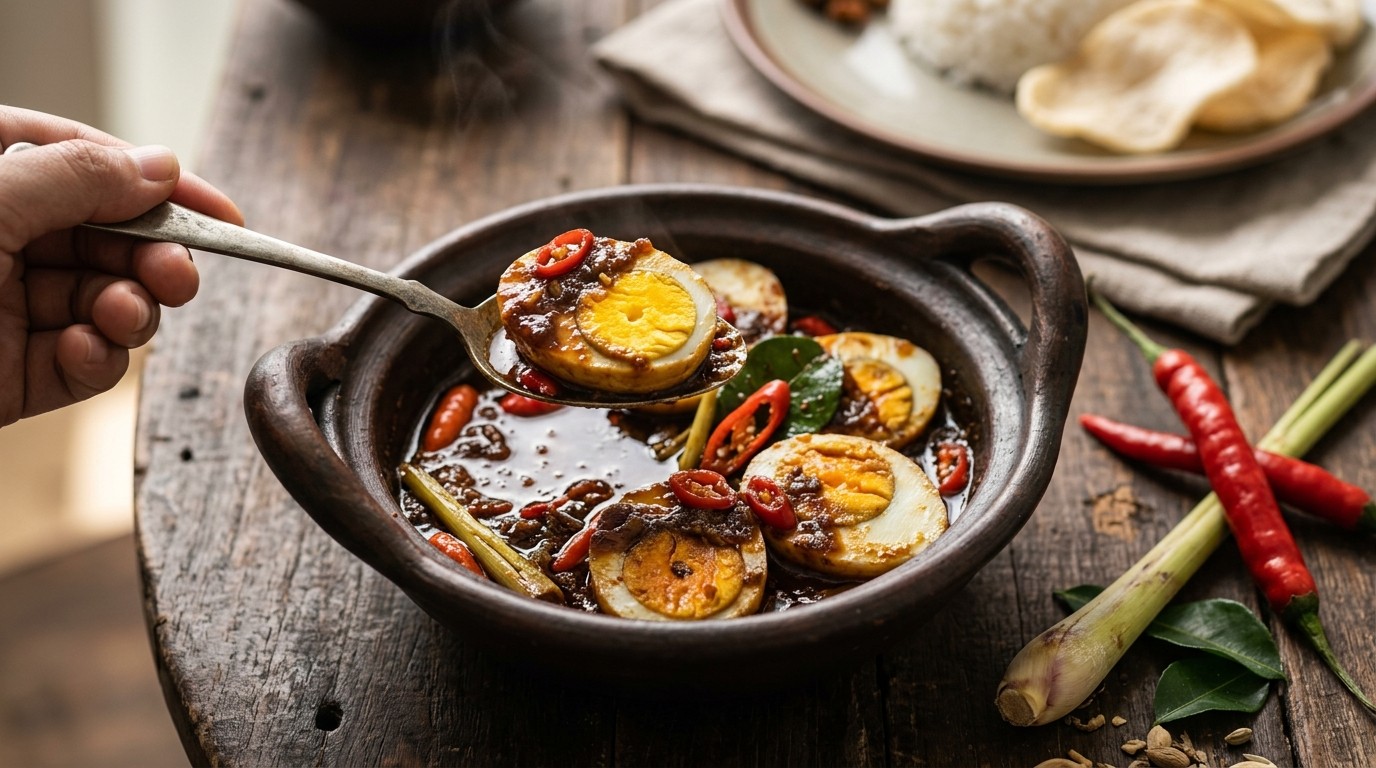 Petis Udang Telor (gekruide Gestoofde Eieren)