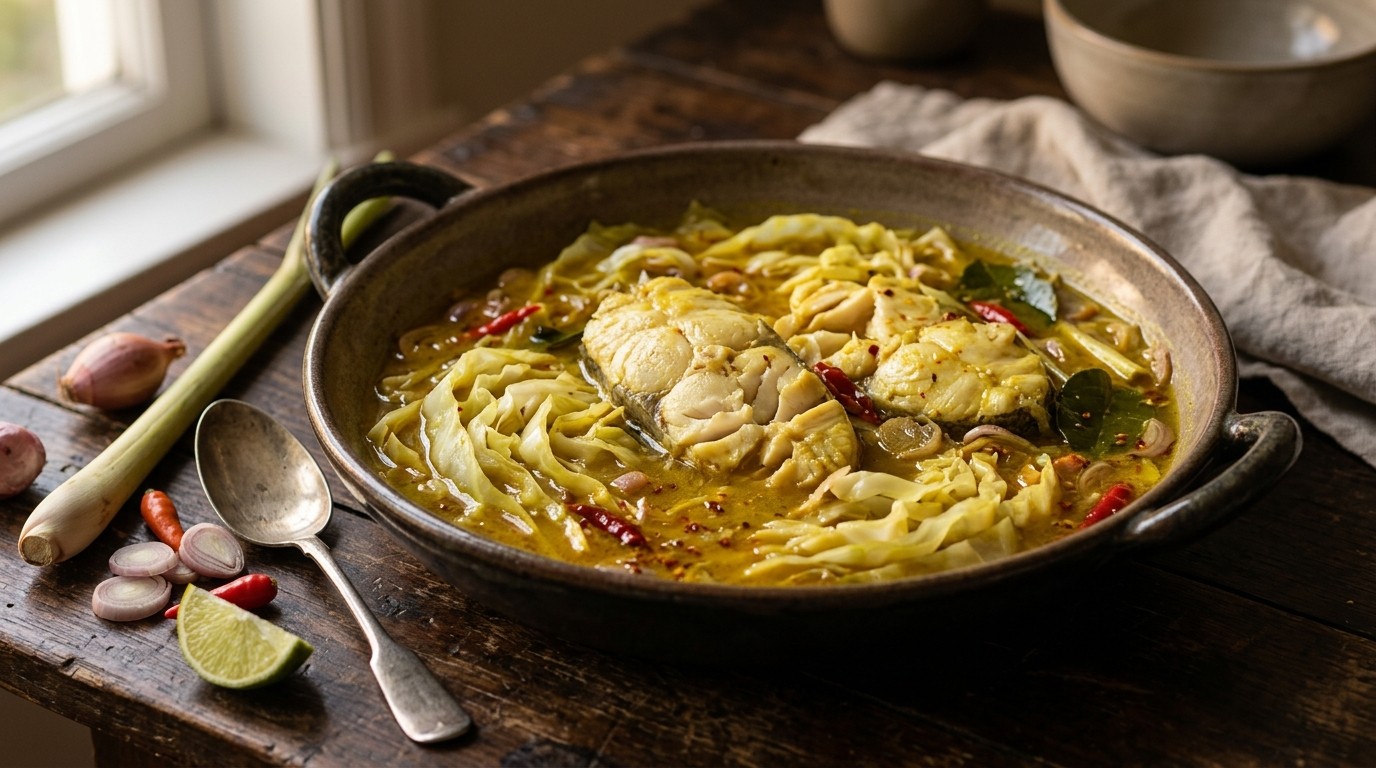 Piendang Ikan (kruidige, Gestoofde vis met Spitskool)