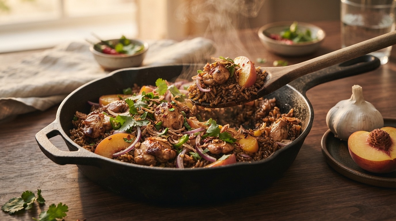 Pilaf met kip,perziken en ketjap