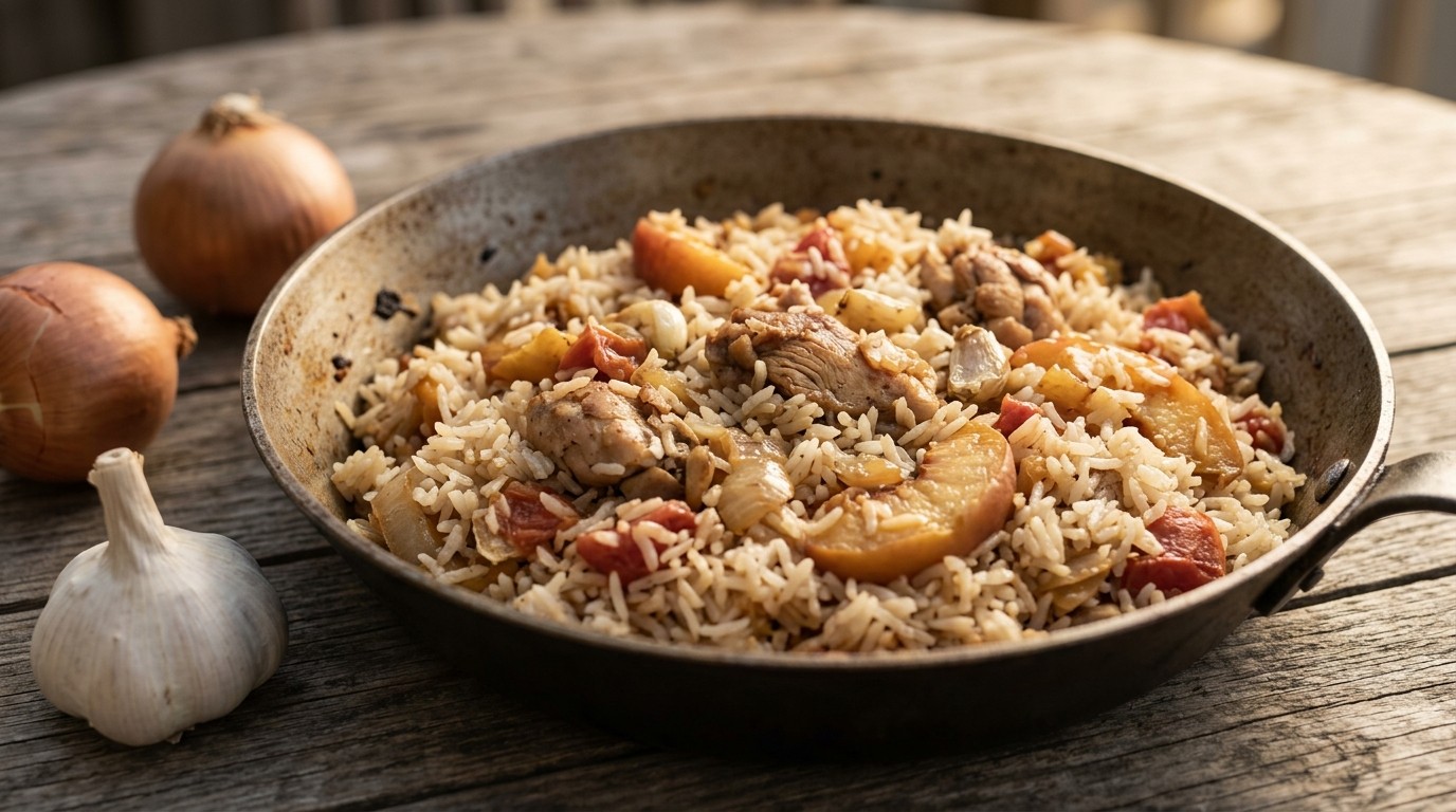 Pilaf met tomaat en perzik