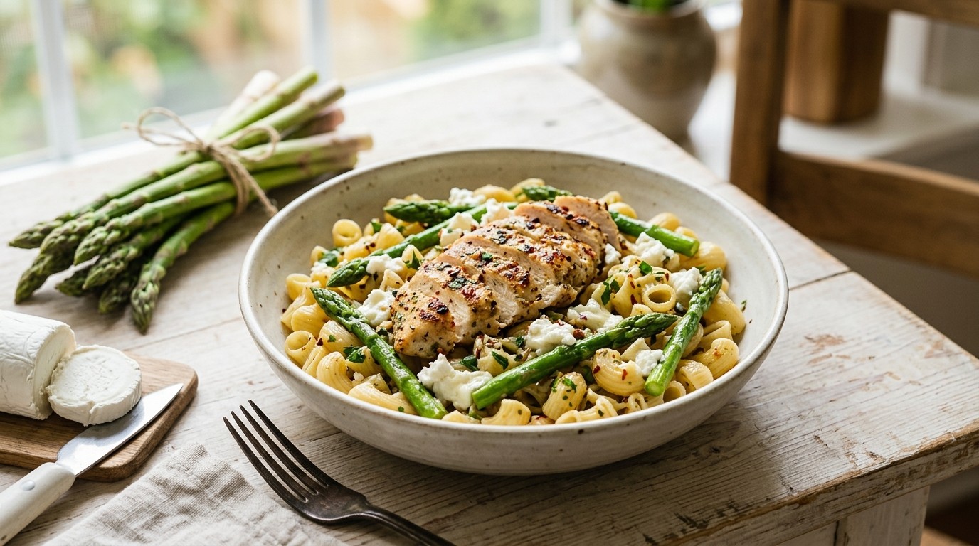 Pipe Rigate met kip, Geitenkaas en Asperges