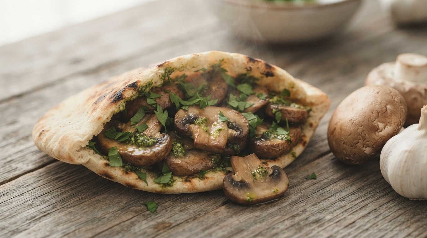 Pitabroodje met champignons en pesto