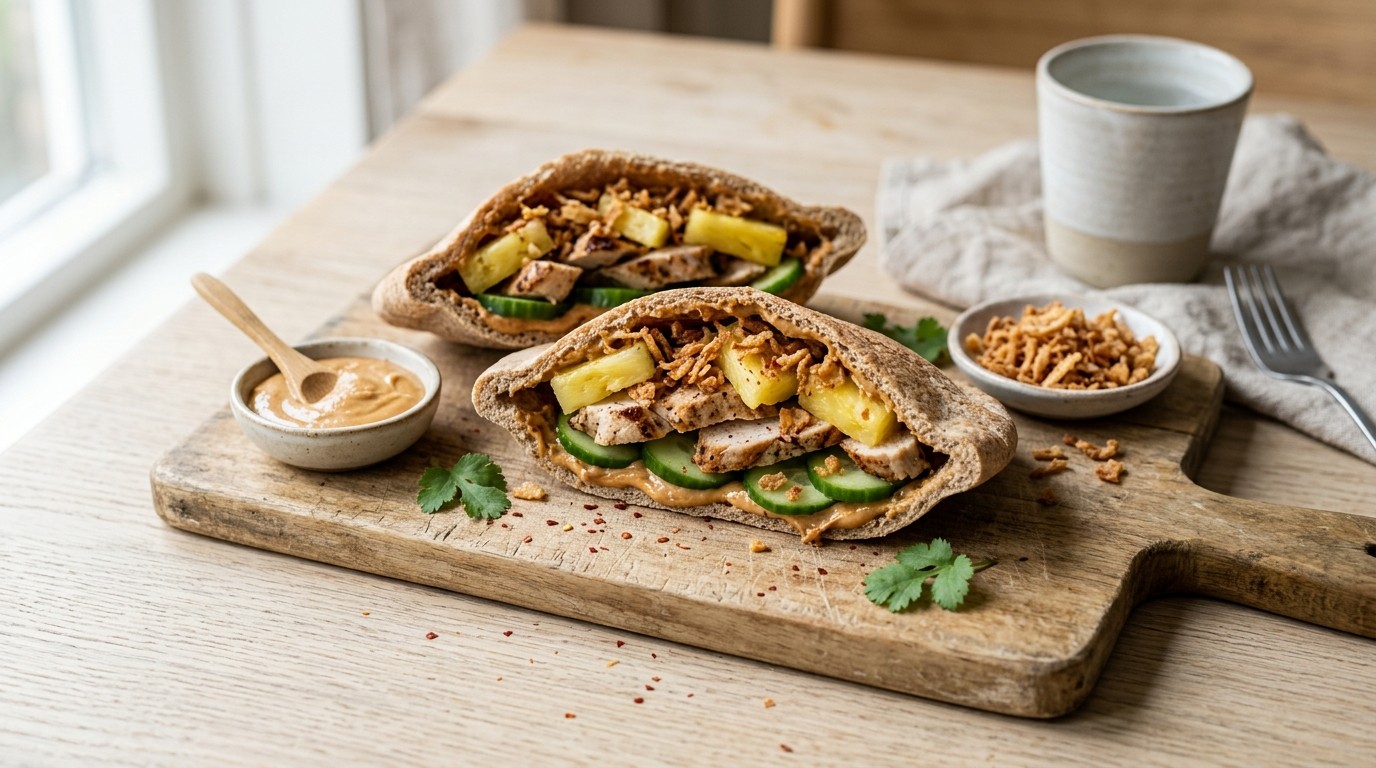 Pitabroodjes met kip, komkommer en ananas