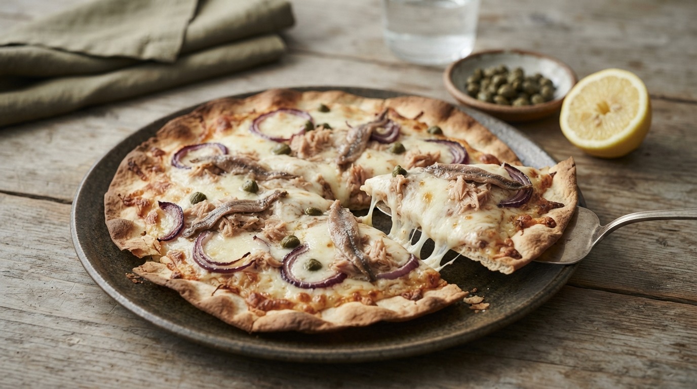 Pitapizza met tonijn en ansjovis