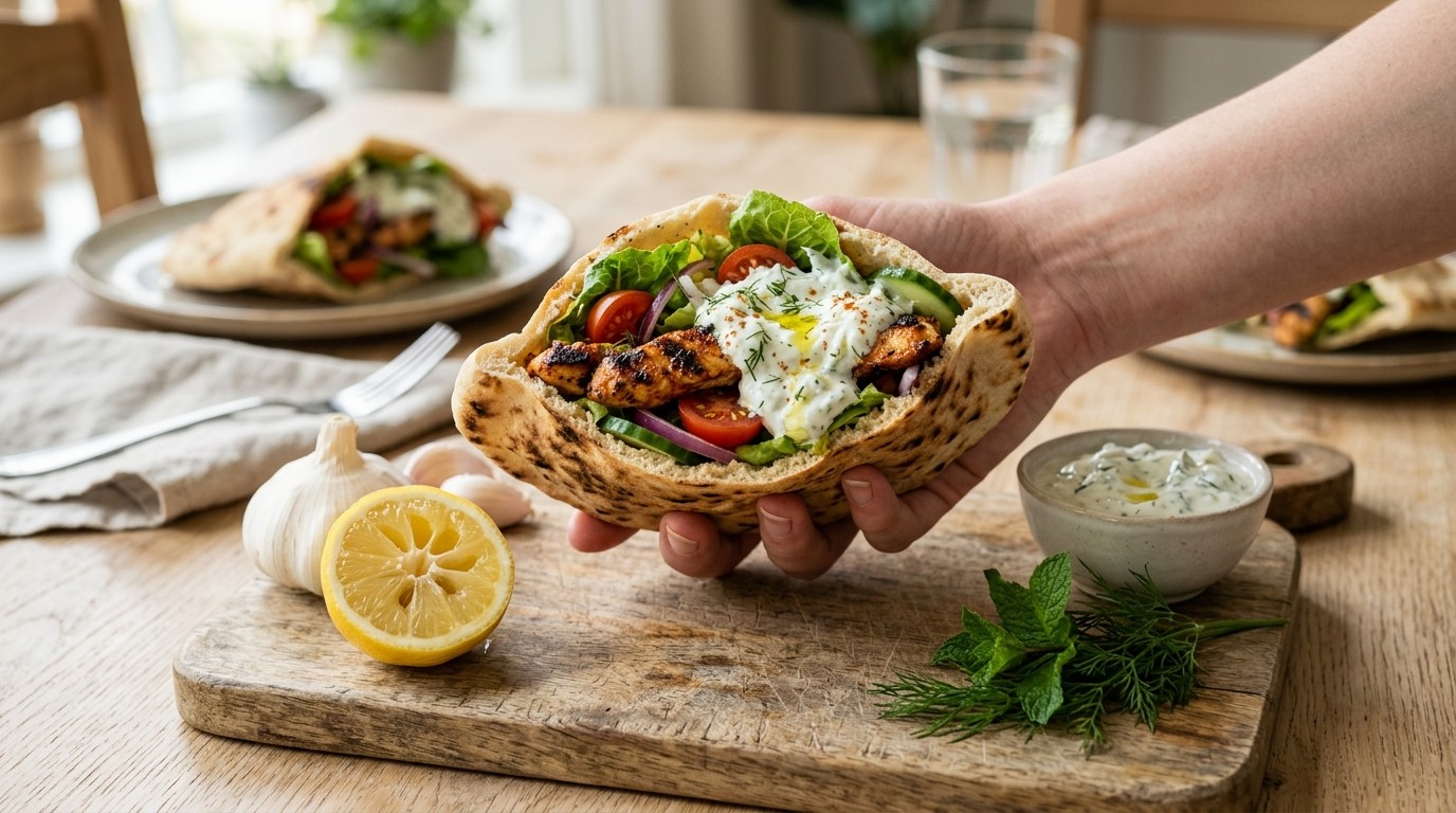 Pittabroodjes met kip en Tzatziki