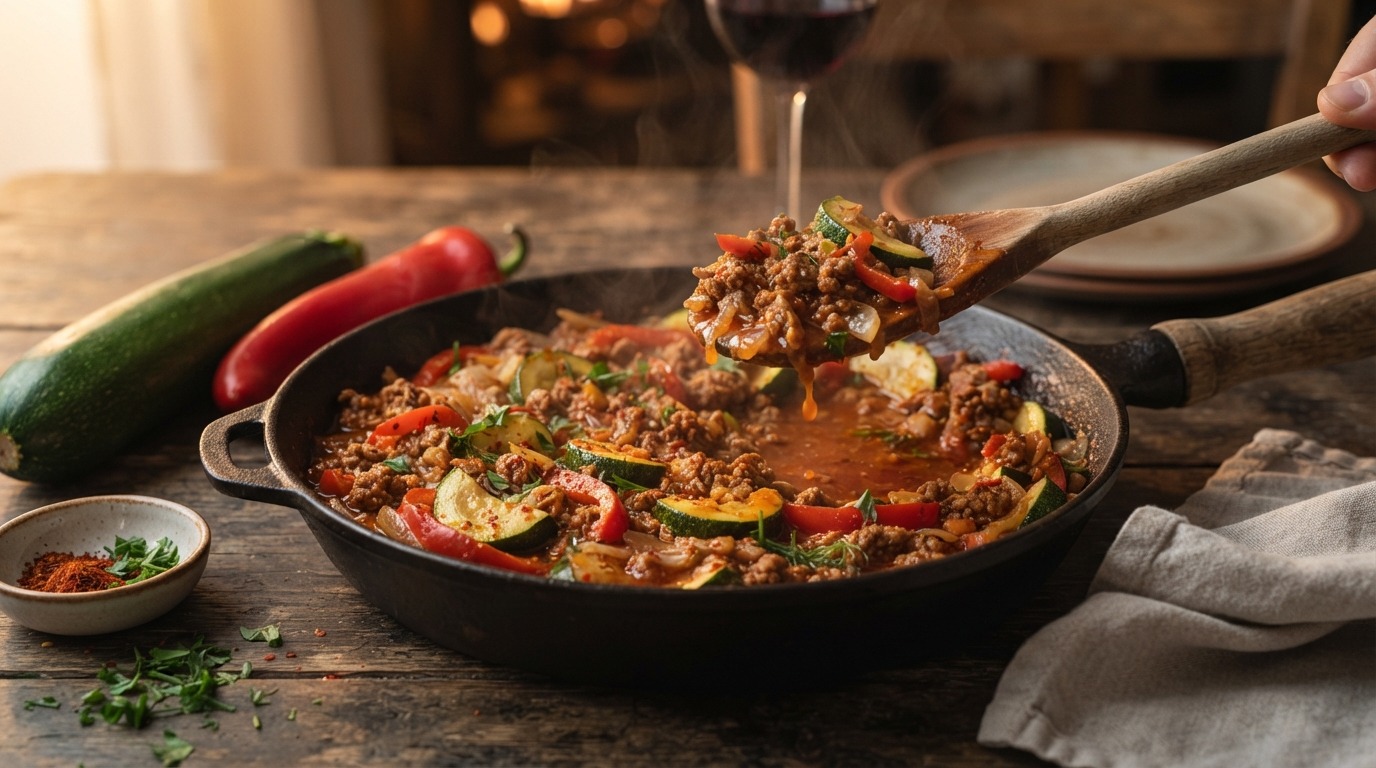 Pittig gehakt met courgette en paprika