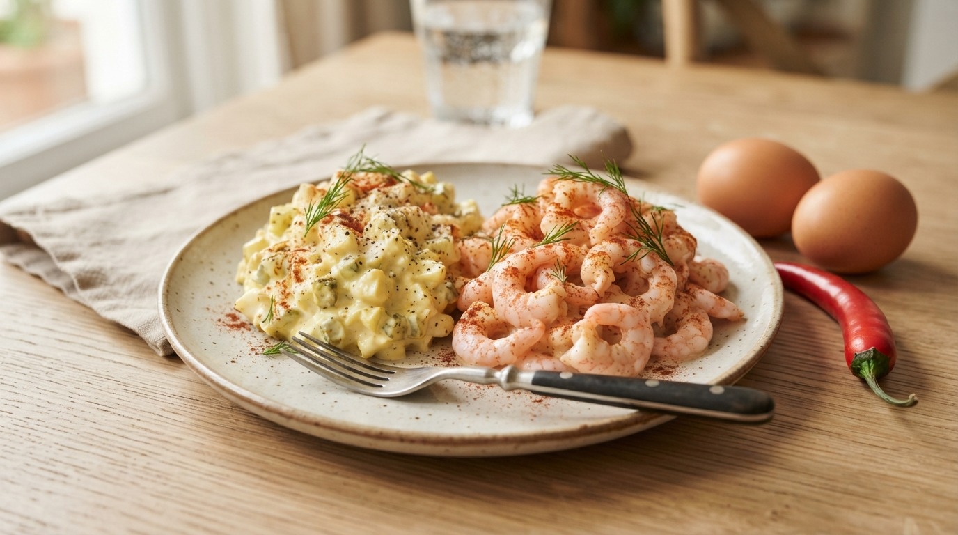 Pittige garnaal vs eiersalade