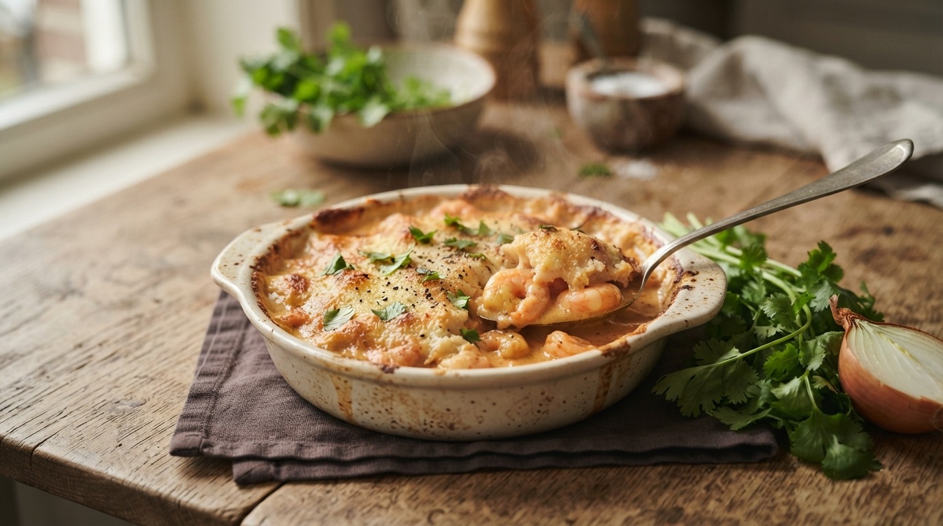 Pittige garnaalgratin