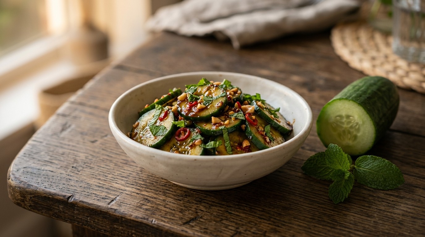 Pittige Komkommersalade met Gesnipperde Munt of Bieslook