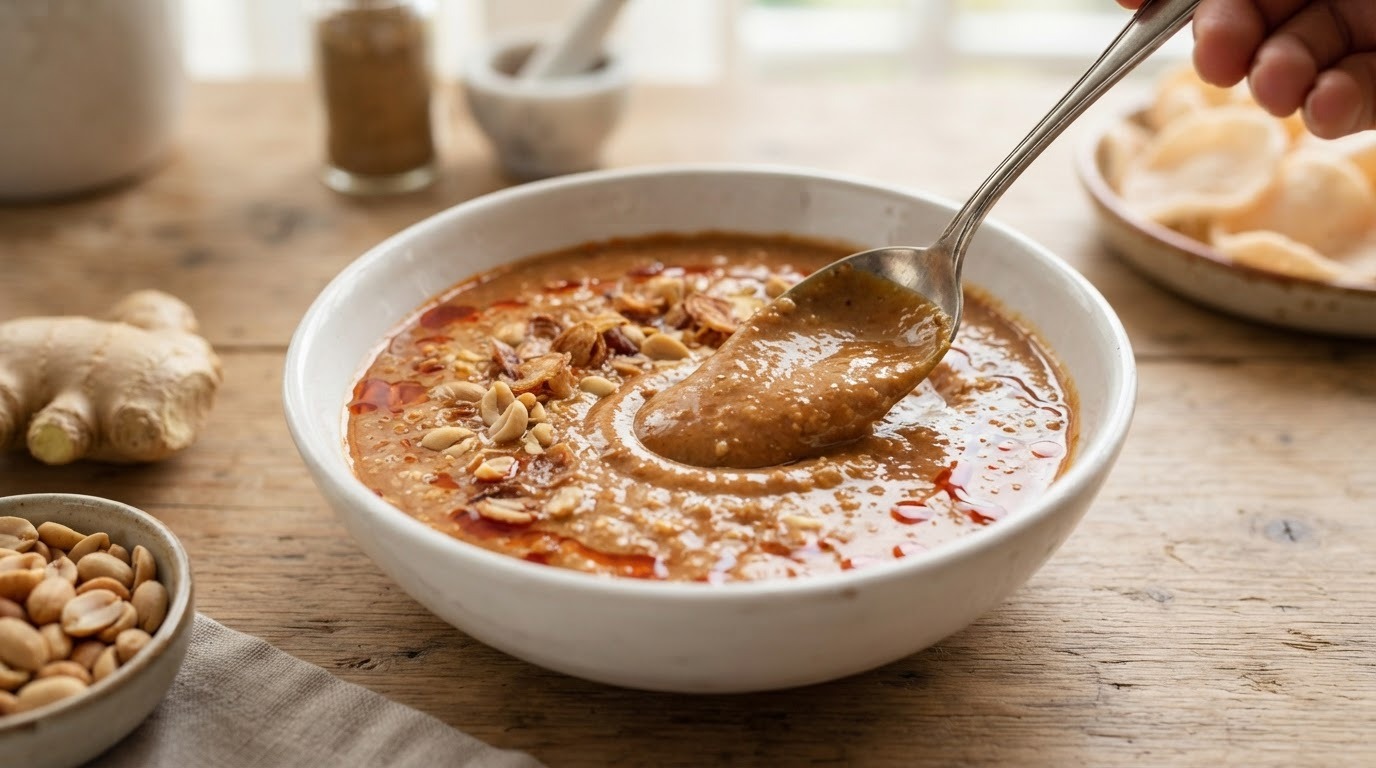 Pittige pindasaus met kokosmelk